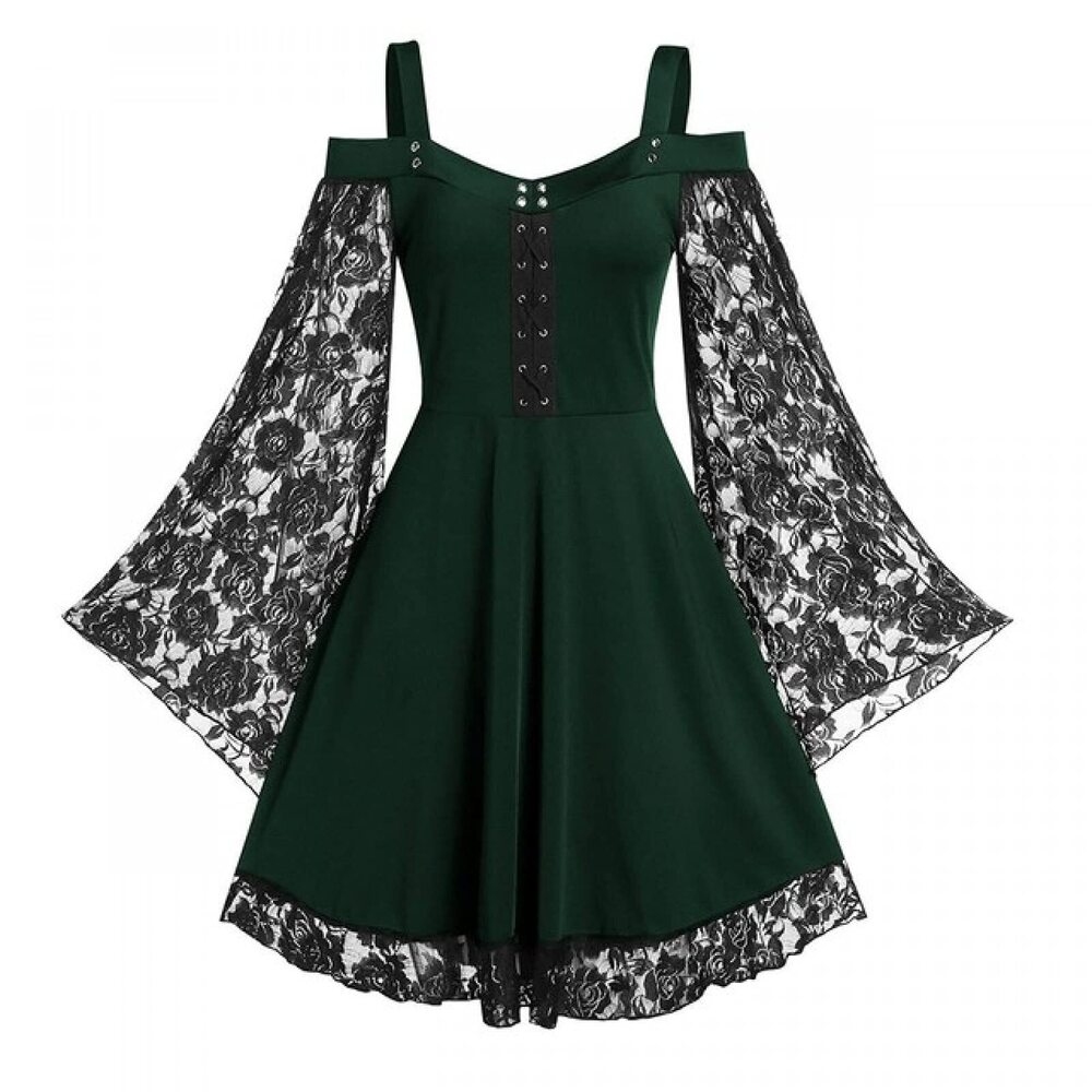 2856 Gothic Vintage Lace Patchwork Dress Plus Size Goth Bandage Spaghetti